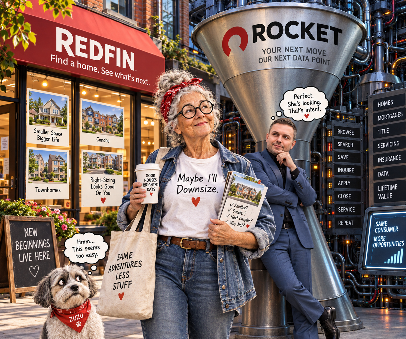 Satirical illustration of a home shopper entering a real estate data funnel