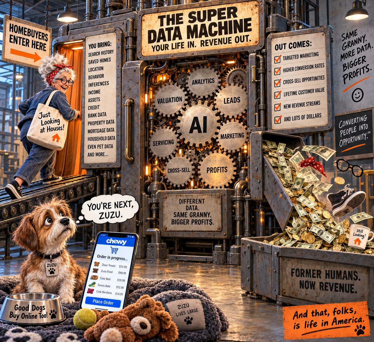 Satirical illustration of consumer data entering a corporate data and revenue machine