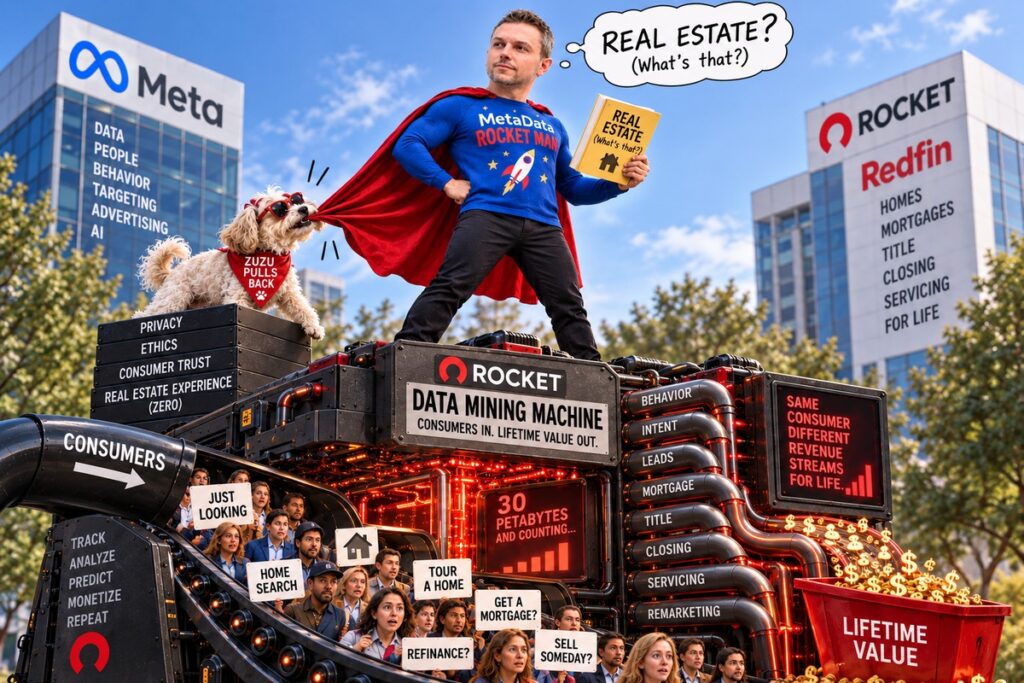 Satirical illustration of Redfin's new CEO as MetaData Rocket Man