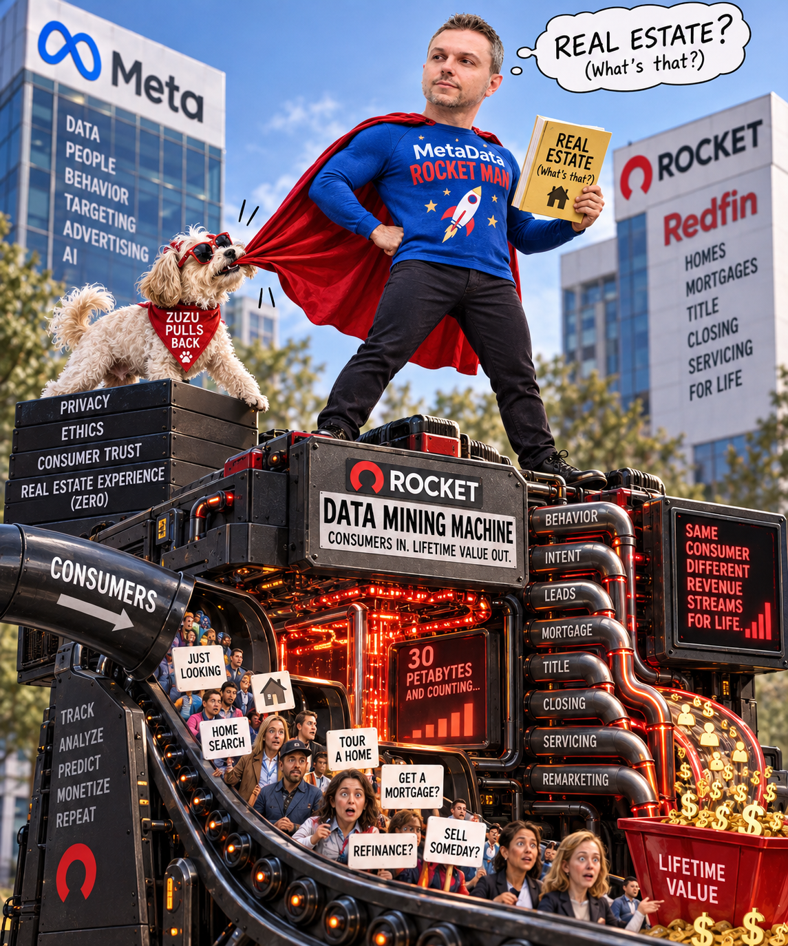 Satirical illustration of Redfin's new CEO as MetaData Rocket Man